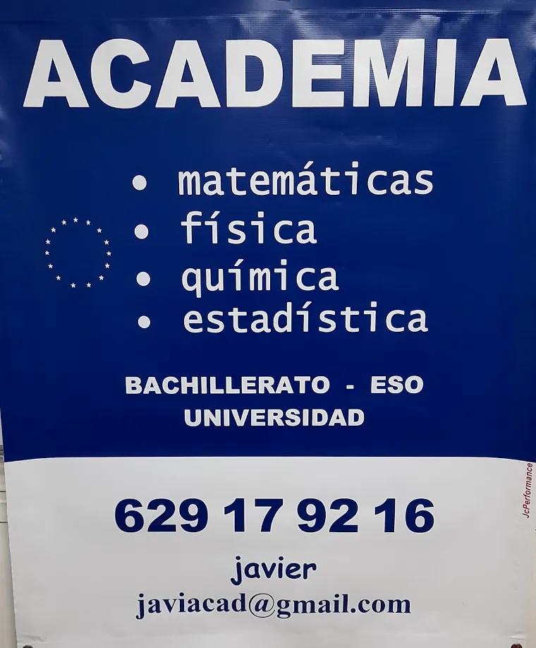 Cartel azul de la academia: matemáticas, física, química y estadística para Bachillerato, ESO y Universidad